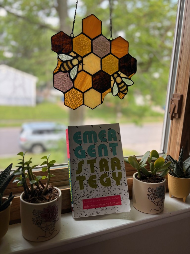Photograph of a book placed in a windowsill, surrounded on both sides by small plants, with a honeycomb stained glass piece of art hanging above it.